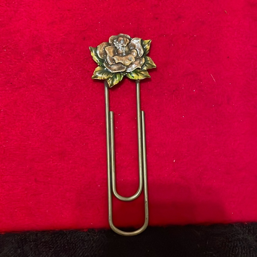 Beautiful Bookmark/ Page Marker- Floral Design- Pink/Green/Gold w/Clear Stones